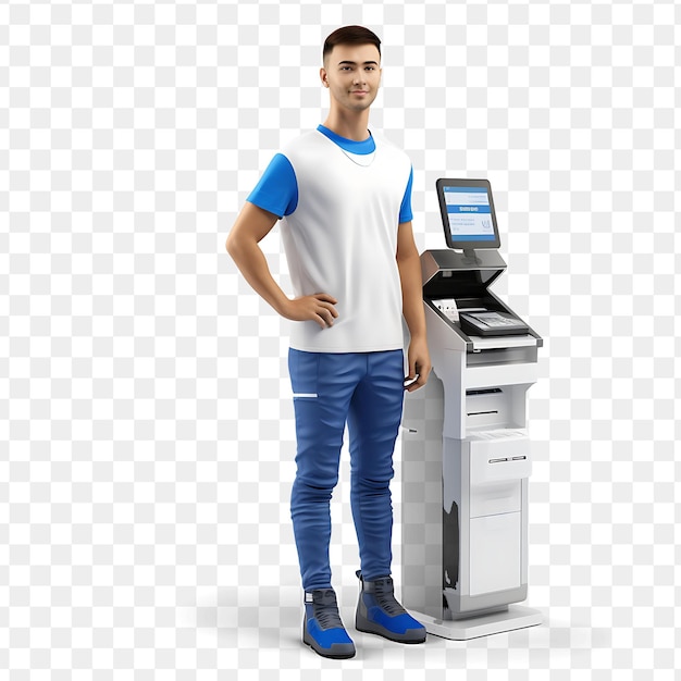 A man stands next to a cash register with a screen that says  atm