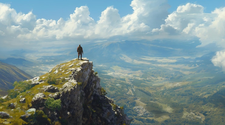 PSD a man stands on a cliff overlooking a valley and mountains scenic wallpaper motivational wallpaper