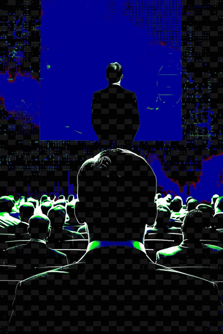 PSD a man stands in front of a crowd of people in a room with a man standing in front of him