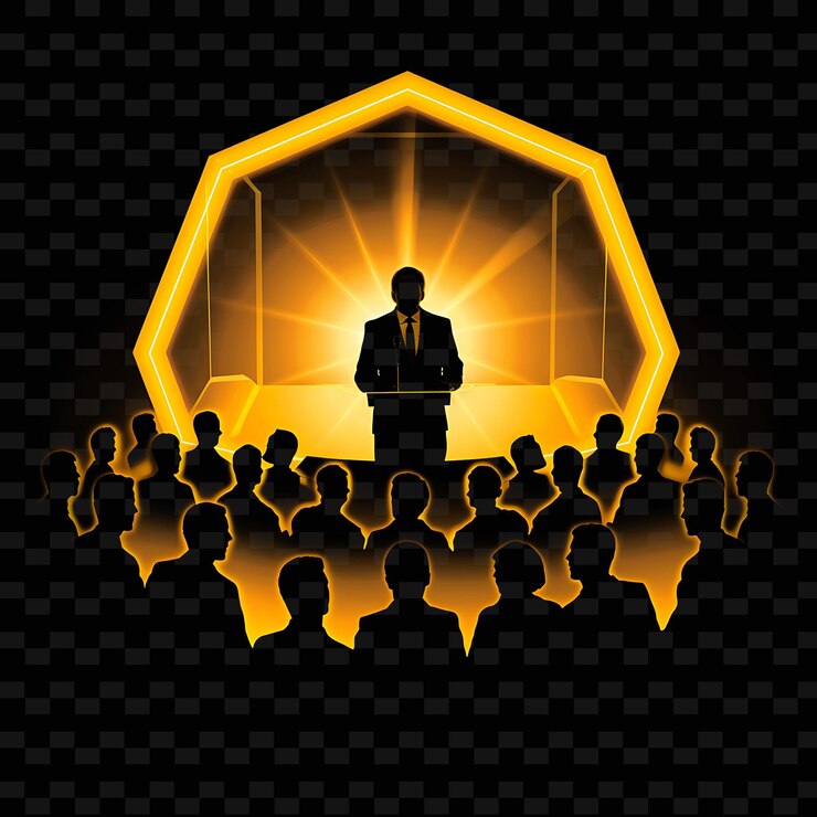 PSD a man stands in front of a large orange cube with a man in a suit in front of him