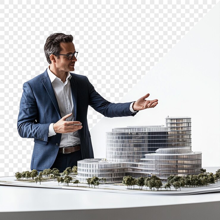 a man stands in front of a model of a building with a building in the background