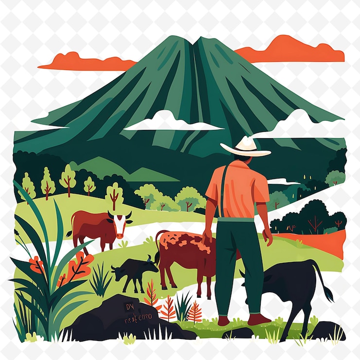 PSD a man stands in front of a mountain with cows and trees