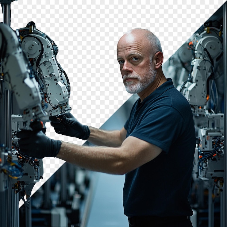 PSD a man stands in front of a robot that has the words quot the word quot on it