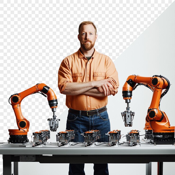PSD a man stands in front of a table with a robot on it