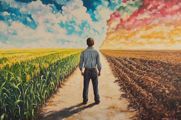 PSD man stands on path between vibrant green and dry brown fields under contrasting skies