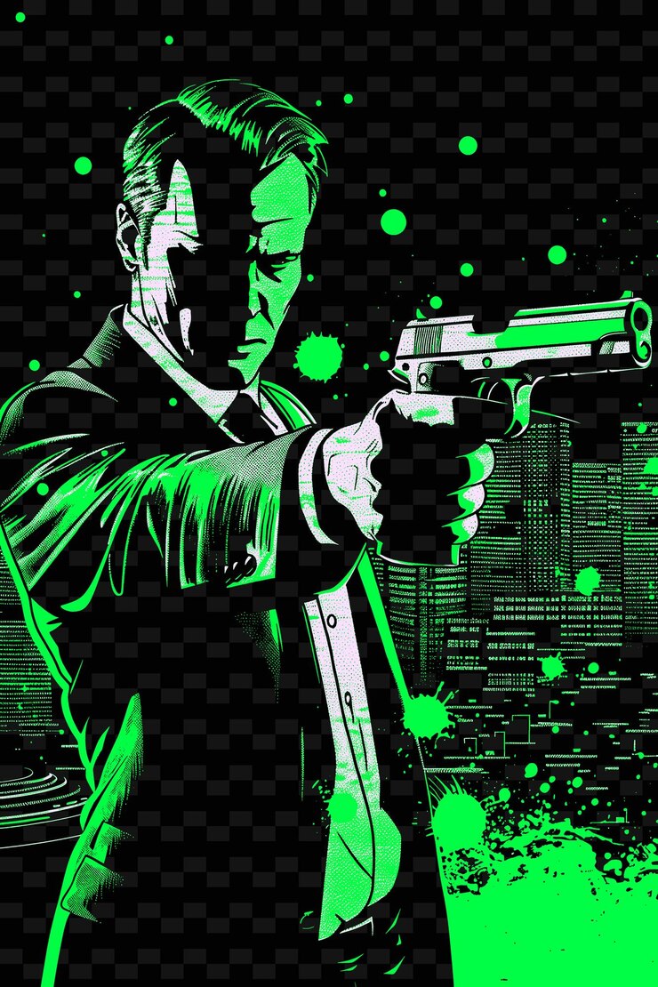 PSD man in a suit holding a gun cityscape at night in the backgr png poster background designs