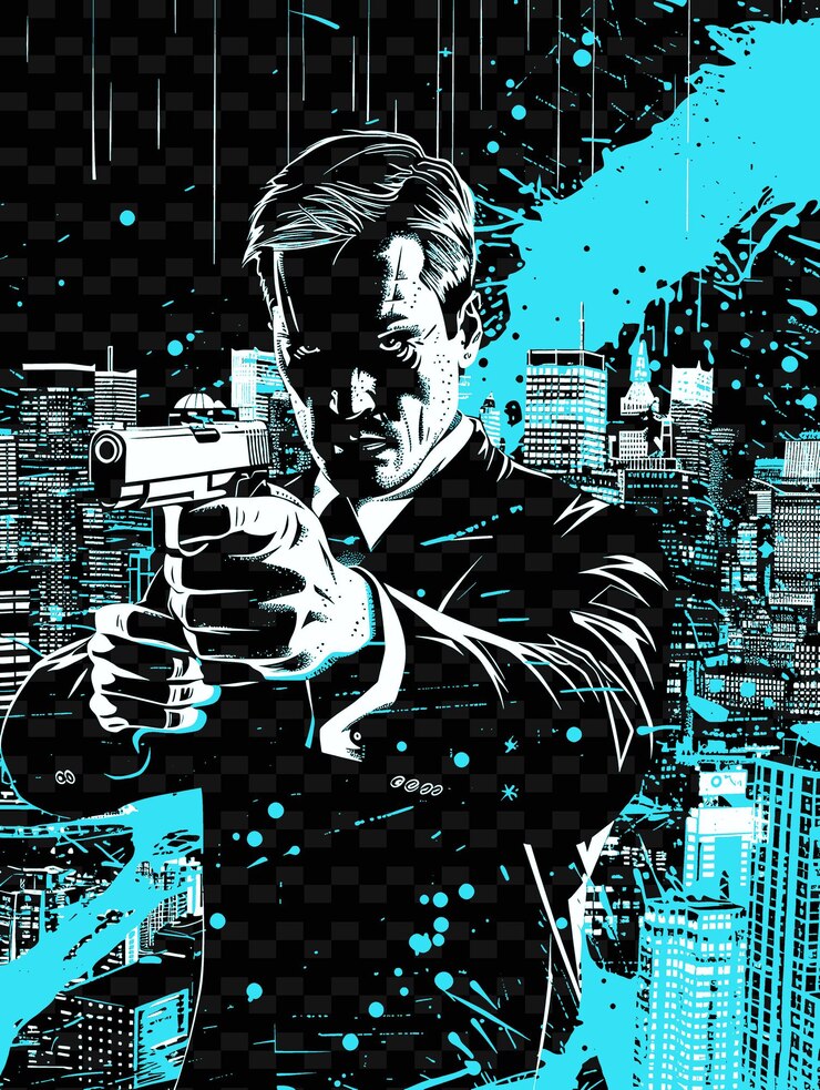 PSD man in a suit holding a gun cityscape at night in the backgr png poster background designs