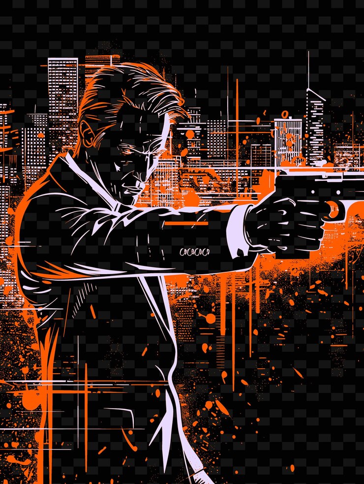 PSD man in a suit holding a gun cityscape at night in the backgr png poster background designs