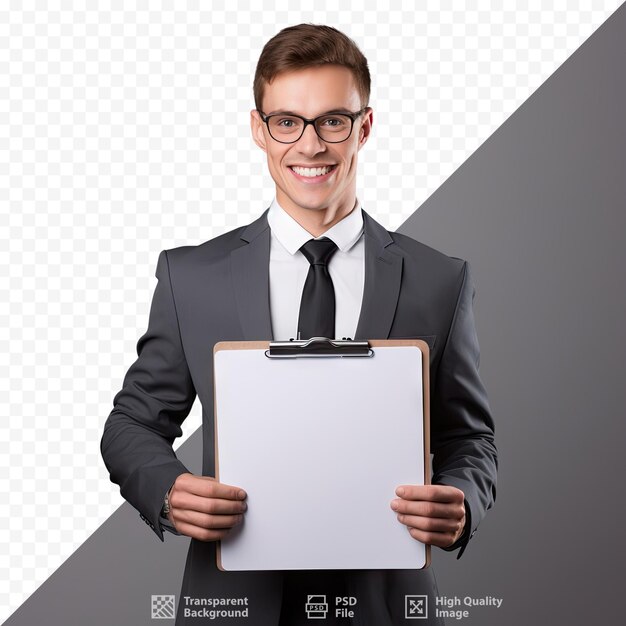 PSD a man in a suit holds a clipboard that says 