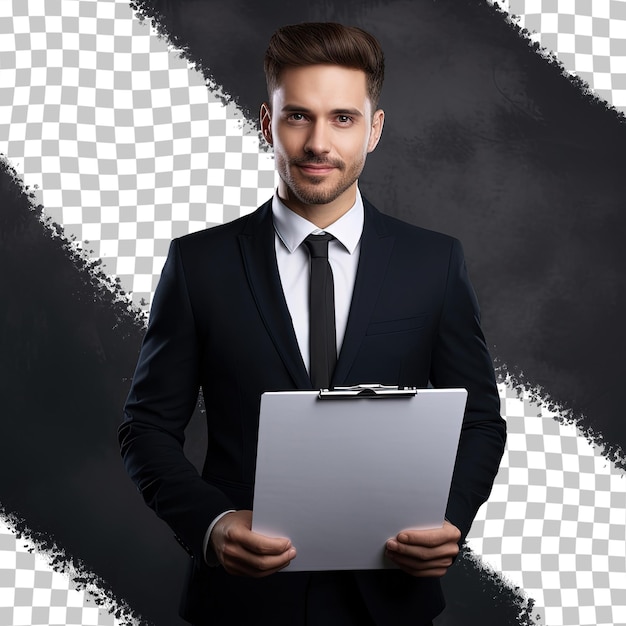 PSD a man in a suit holds a clipboard with a black background with a design in the middle.