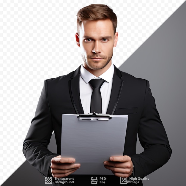 PSD a man in a suit holds a clipboard with the words 