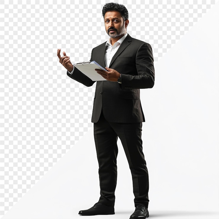 PSD a man in a suit is standing in front of a tablet with a picture of a man in a suit