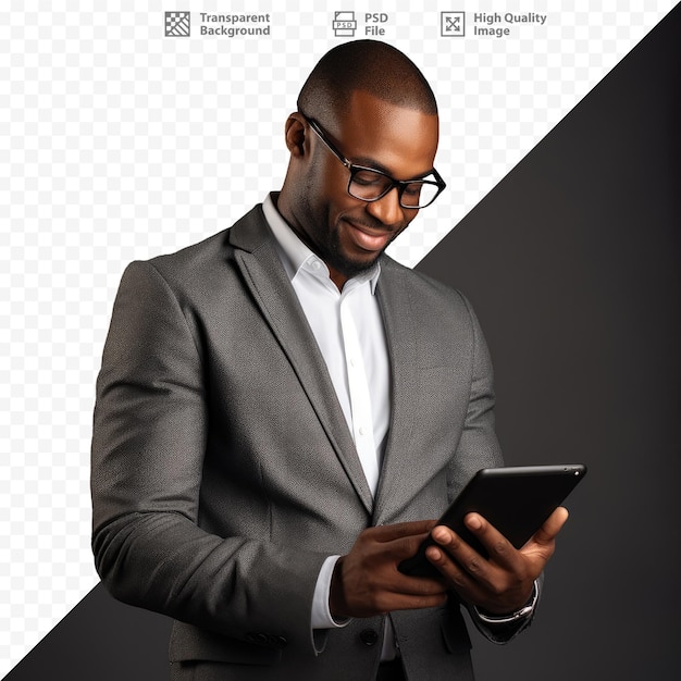 A man in a suit is using a tablet with the words 