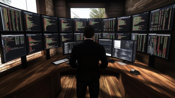 PSD man in suit reviewing data on multiple computer screens