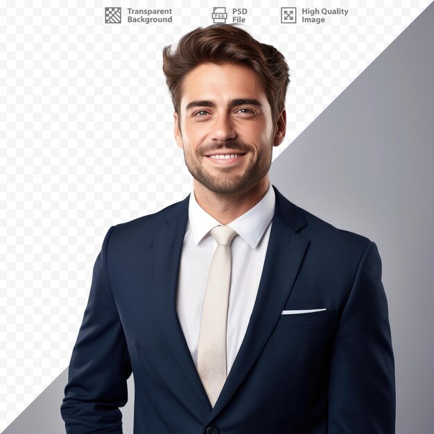 PSD a man in a suit smiles in front of a background with a picture of a man smiling