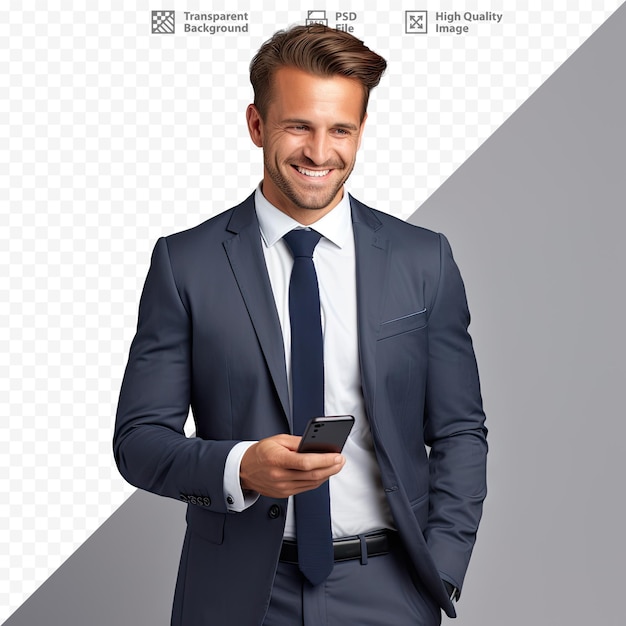 A man in a suit smiles and smiles with a phone in front of him
