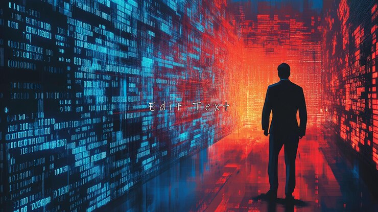 PSD man in suit standing in a digital corridor of binary code