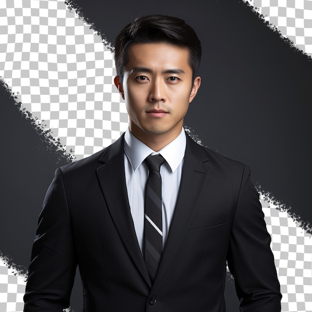 PSD a man in a suit stands in front of a black and white checkered background.