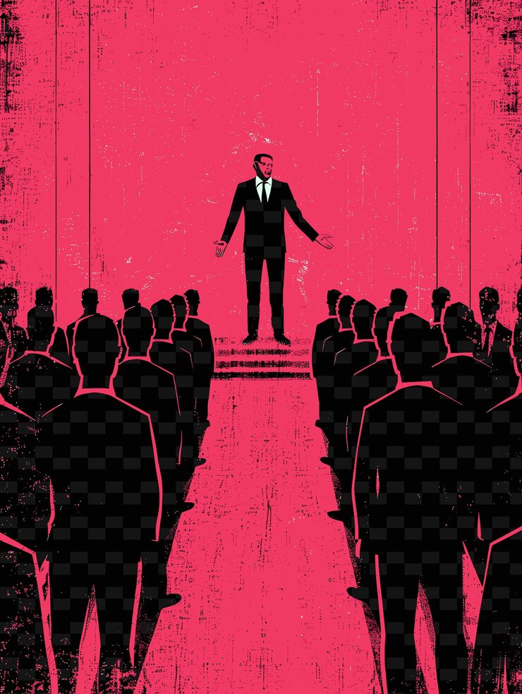 PSD a man in a suit stands in front of a crowd of people in a room with a red background