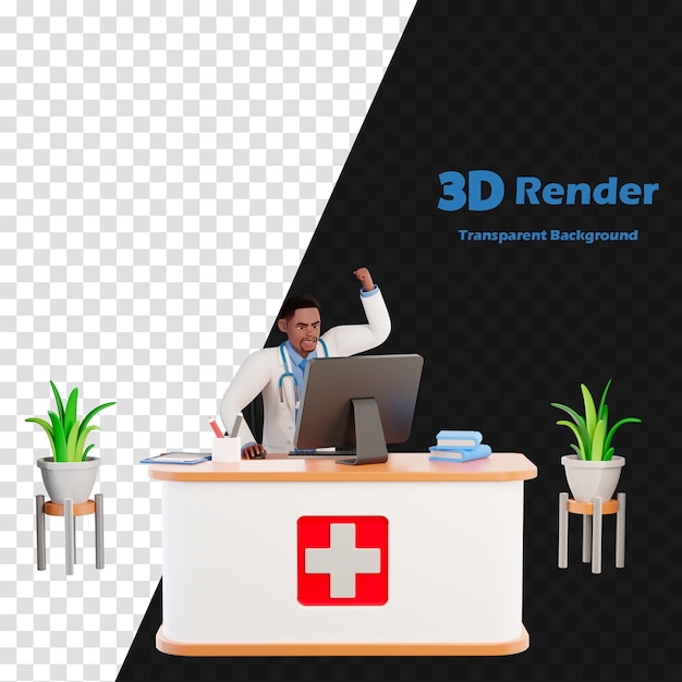 スーツを着た男性がコンピュータモニターと3Dの言葉を持つデスクの前に立っています