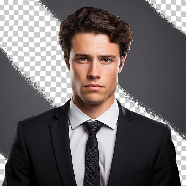 PSD a man in a suit and tie stands in front of a black and white background.