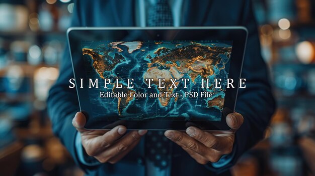 PSD a man in a suit with a tablet holding a world map