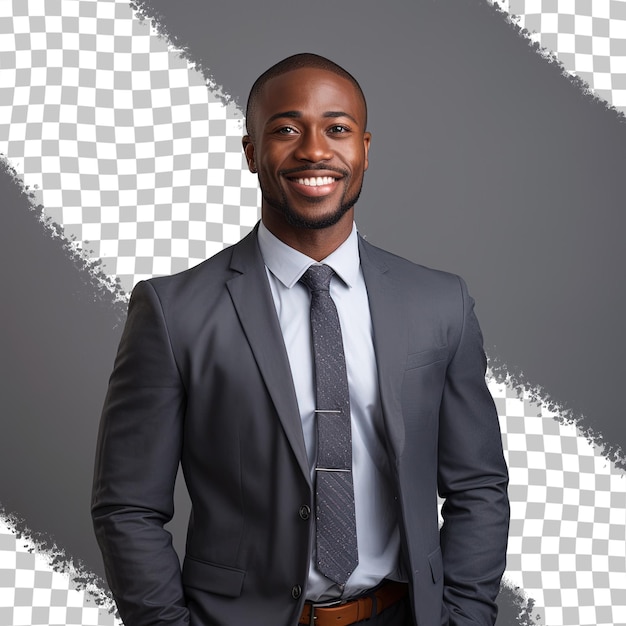 PSD a man in a suit with a tie and a logo behind him.