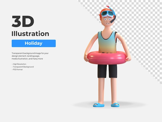 Man swimming with lifebuoy and wearing snorkel 3d character illustration