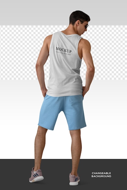 PSD man in a tank top tshirt back side mockup