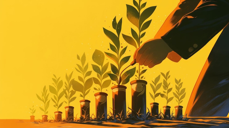 PSD a man tending to plants growing out of money in a yellow stylized background