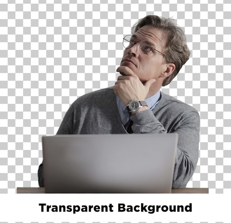 PSD man thinking at desk with laptop