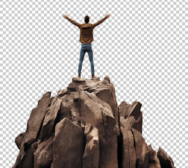 PSD man on top of the mountain depicting success isolated on transparent background