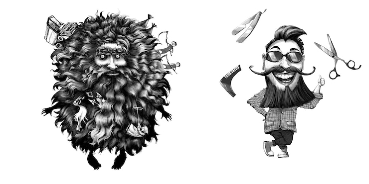 PSD man trimmed and hairy cartoon graphic illustration black and white