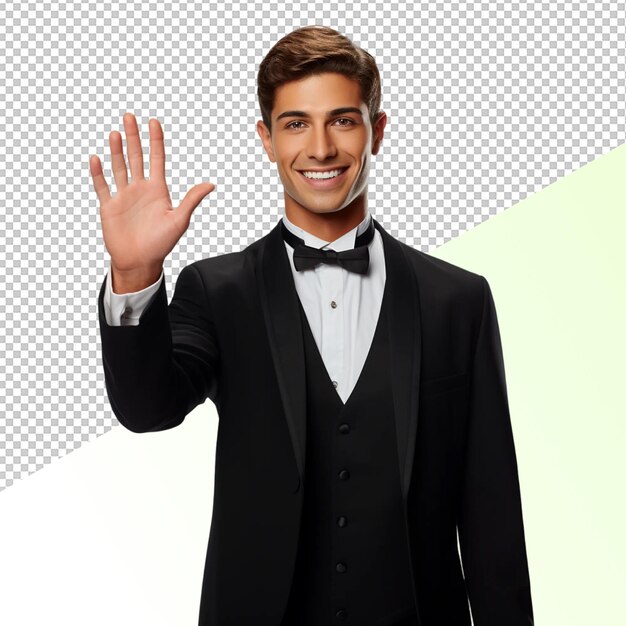 PSD a man in a tuxedo waving his hand