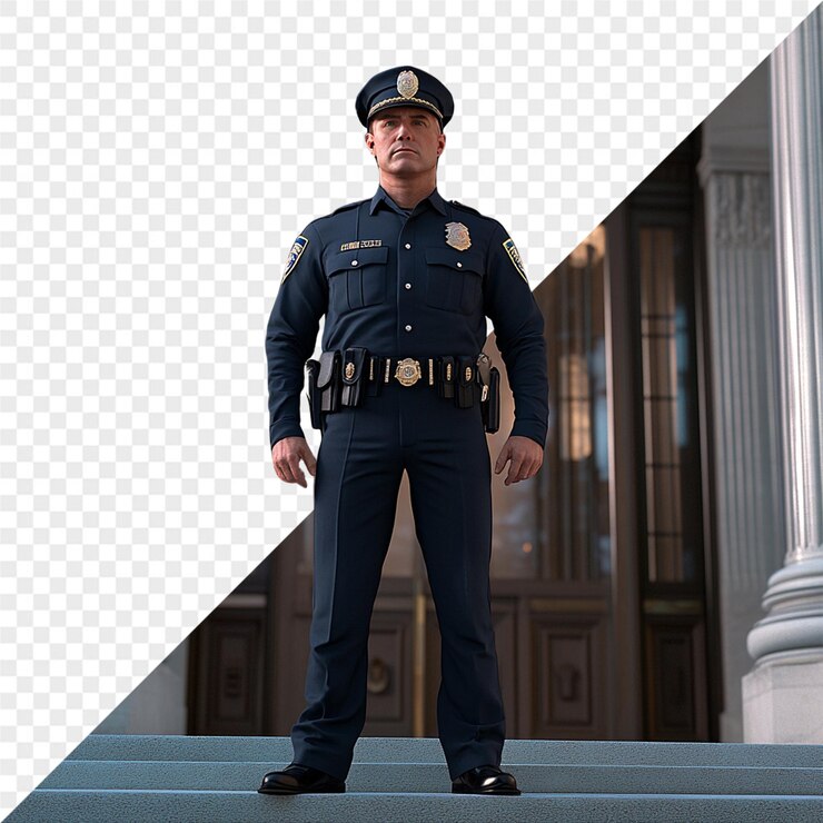 PSD a man in a uniform stands on the steps of a building