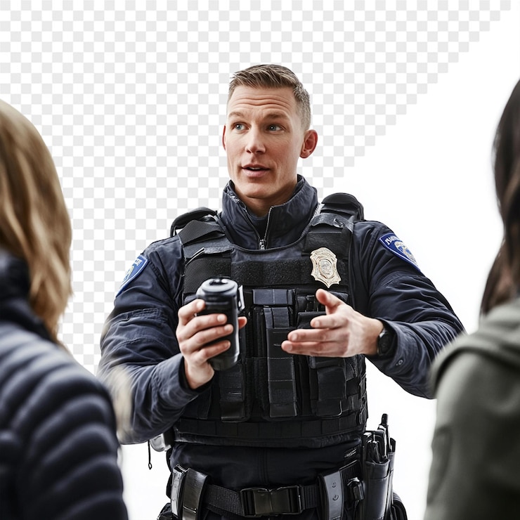 PSD a man in a uniform with a gun on his back is talking to a woman