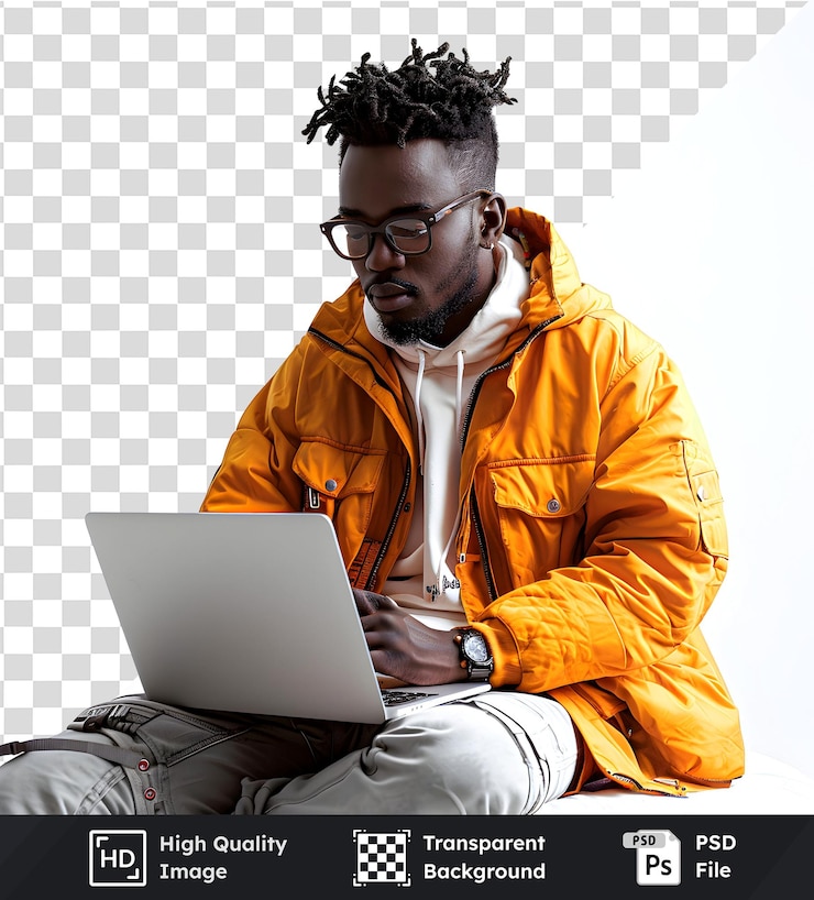 PSD man uses laptop working efficiently indoors with a transparent image of a person on a laptop