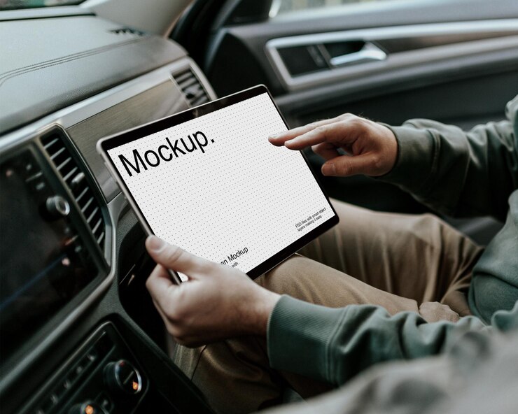 PSD a man uses a tablet in the car