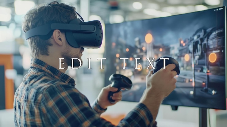 PSD man uses vr headset and controllers to interact with a virtual factory simulation displayed on a large monitor