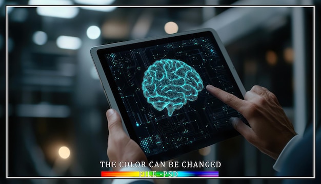 Man using a digital tablet displaying a 3D rendering of a brain representing artificial intelligence