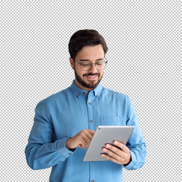 Man using a tablet smiling and looking at the screen