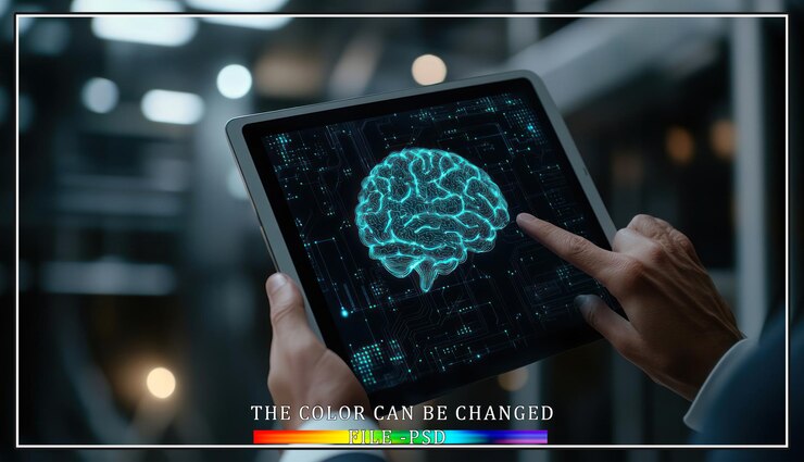 PSD man using a digital tablet displaying a 3d rendering of a brain representing artificial intelligence