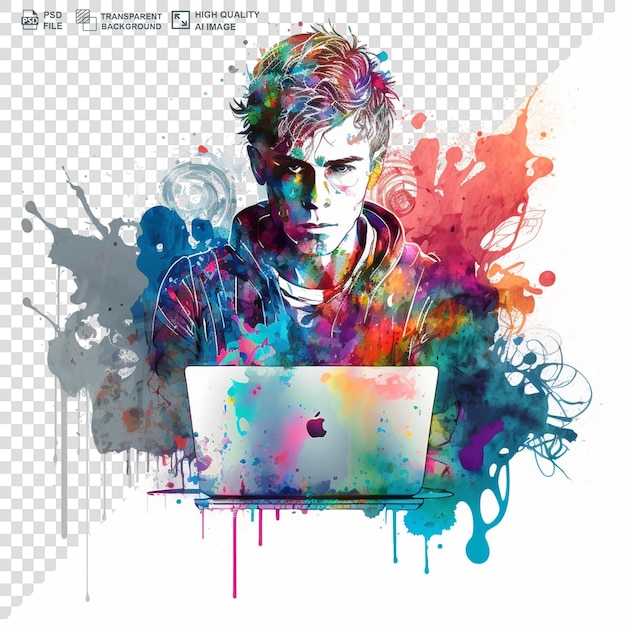 PSD a man using laptop on transparent backgruound water color splash painting