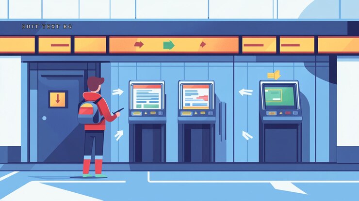 PSD man using selfservice kiosks at an airport or train station