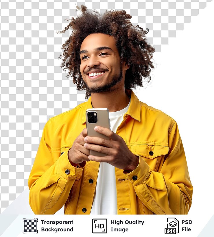 PSD man using smartphone with transparent background young adult holding mobile device against white st