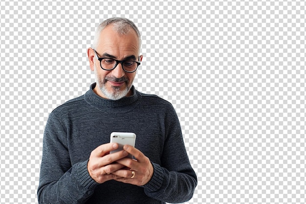 man using tablet and looking at camera on white background