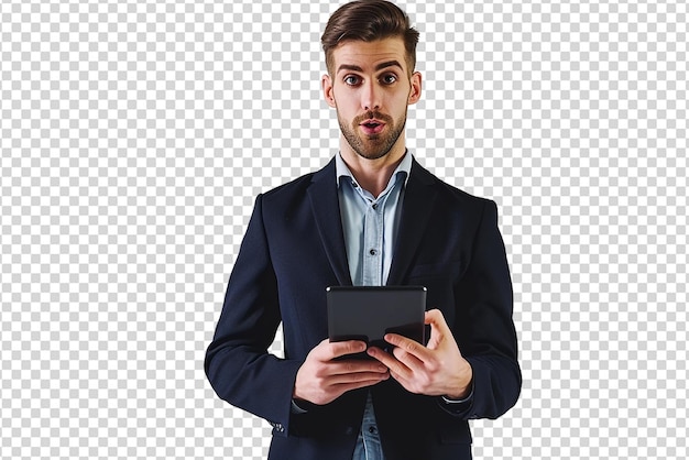 man using tablet and looking at camera on white background