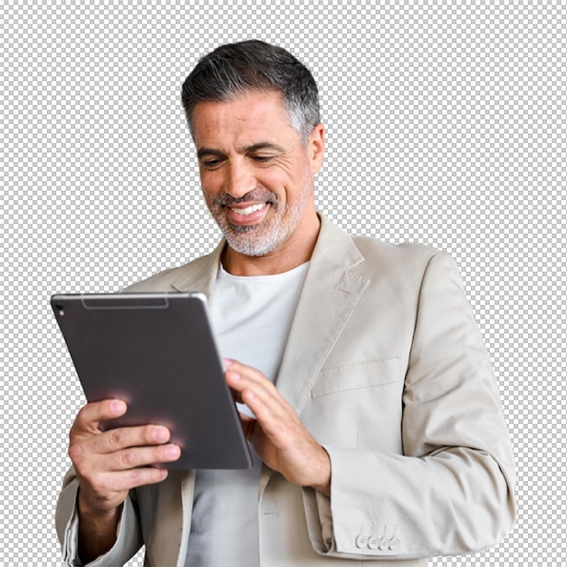 Man using tablet and smiling