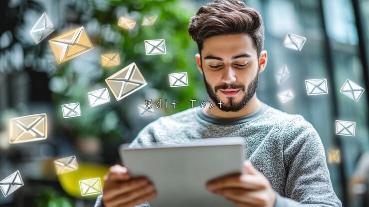 PSD man using tablet email icons around him
