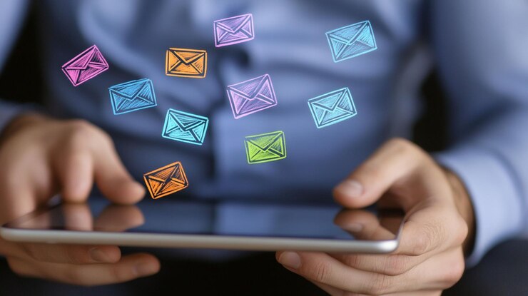 PSD man using tablet receiving multiple colorful email notifications